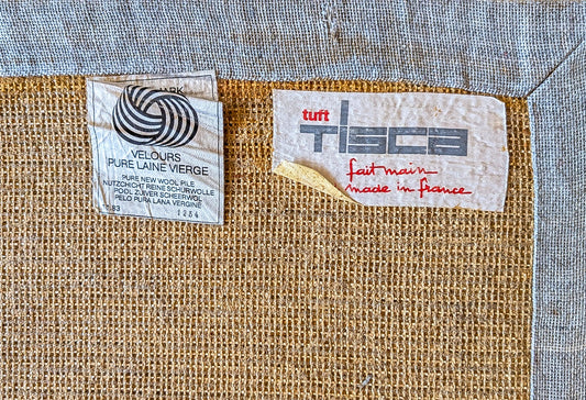 TISCA 1980's French Hand Tufted Wool Carpet (200cm x200cm) Bauhaus Geometric Design with Primary Colors on Ivory
