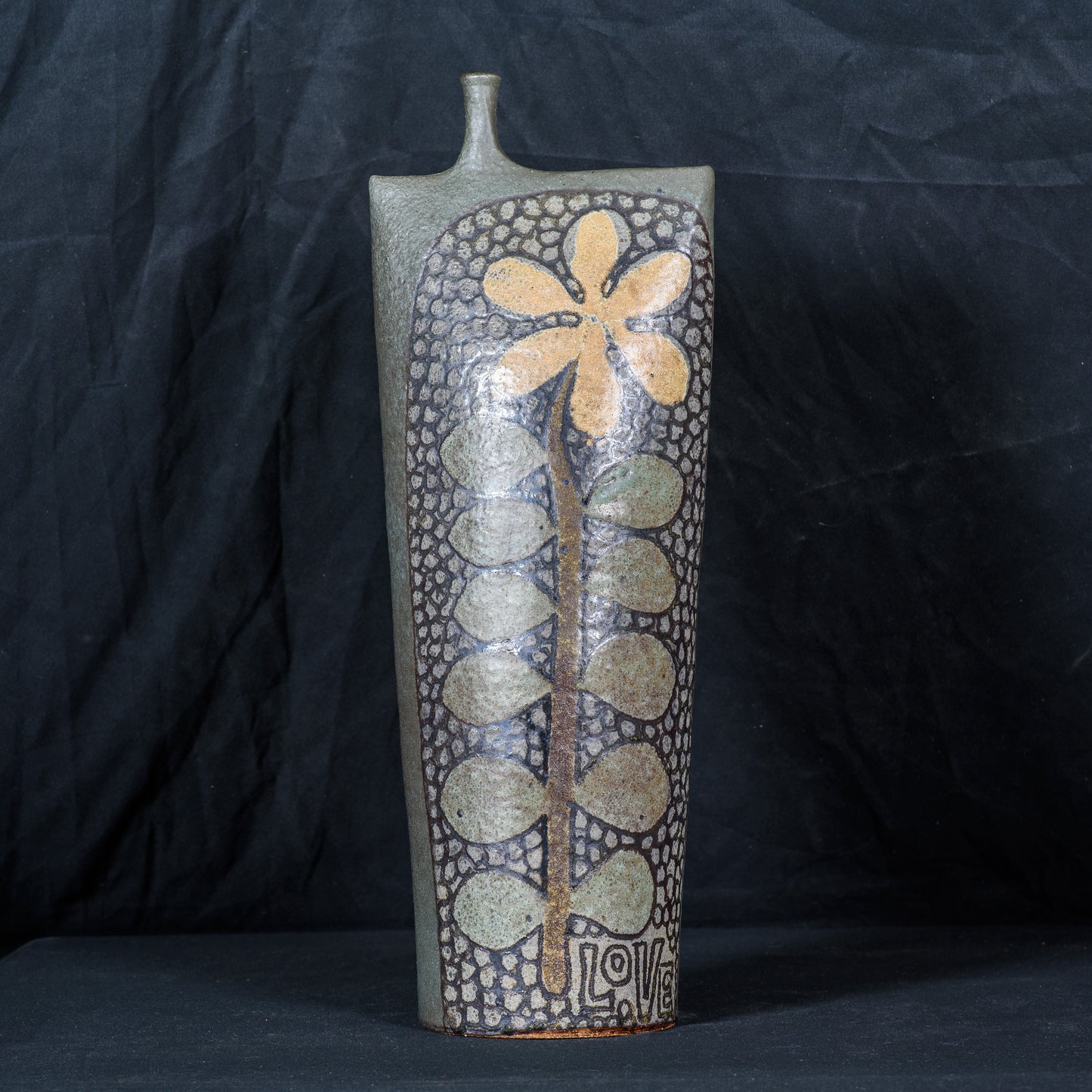 Raul Coronel 1967 Fantastic Modernist Floor Vase W/ Incised "LOVE" Flower Design