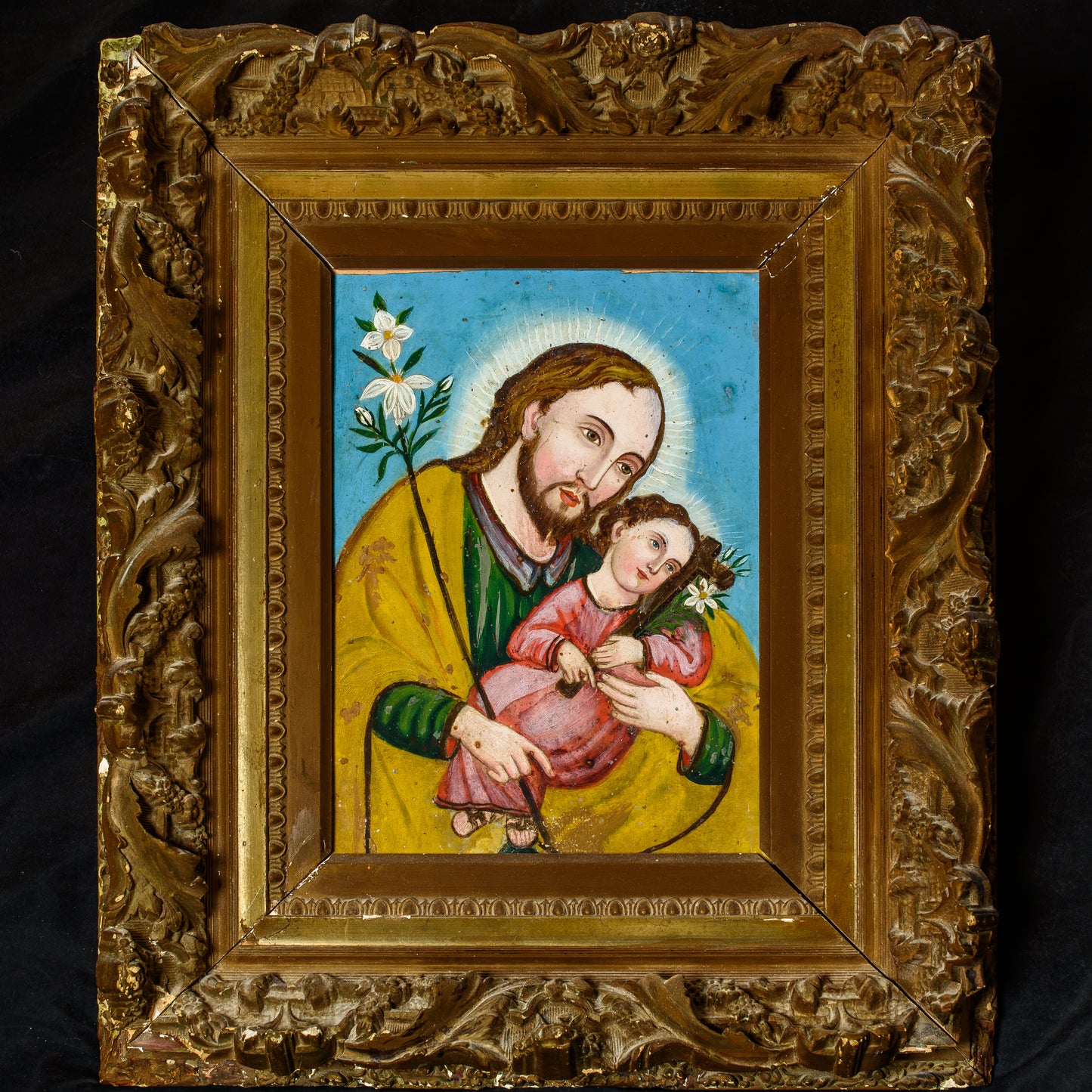 Late 1800's Spanish Colonial Oil on Tin Retablo St. Joseph Crist Child & Staff