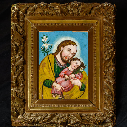 Late 1800's Spanish Colonial Oil on Tin Retablo St. Joseph Crist Child & Staff