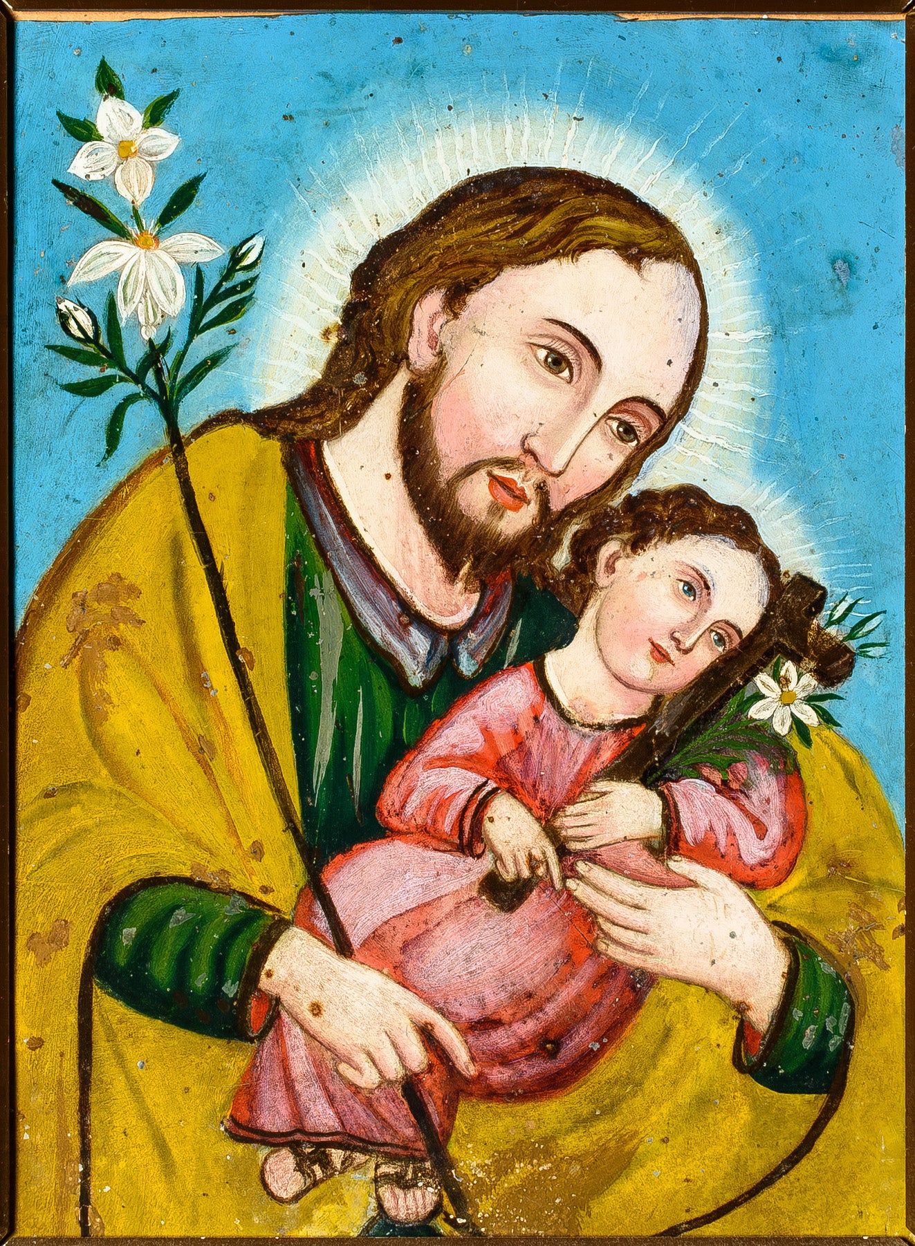 Late 1800's Spanish Colonial Oil on Tin Retablo St. Joseph Crist Child & Staff