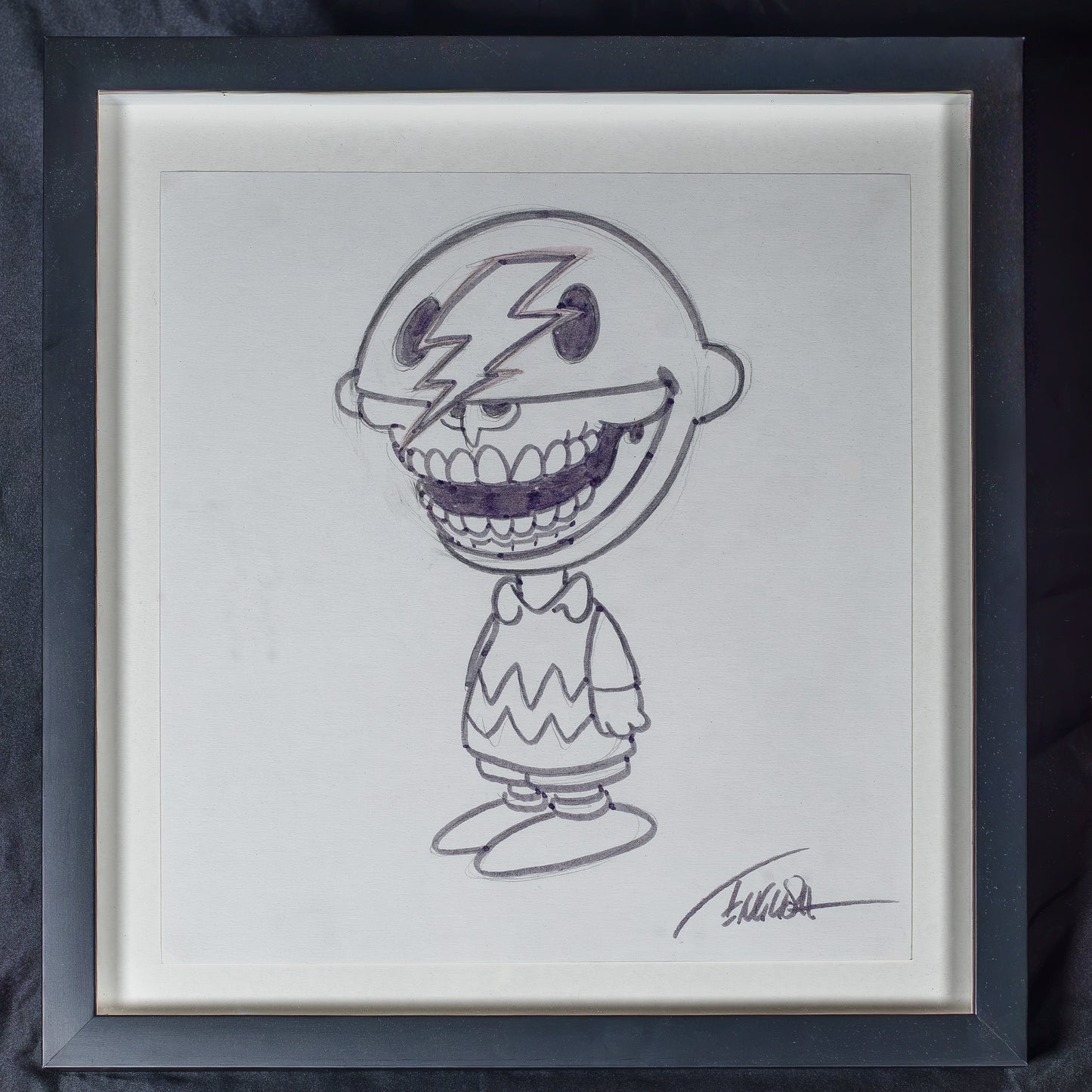 Ron English 2015 Original Ink Sketch "Ziggy Stardust" Charlie Brown Grin Framed