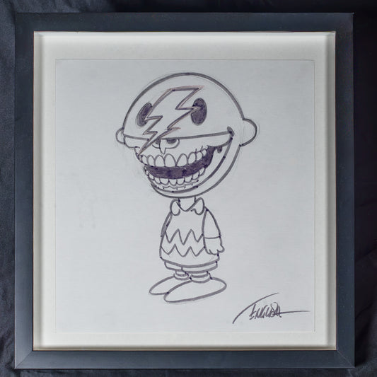 Ron English 2015 Original Ink Sketch "Ziggy Stardust" Charlie Brown Grin Framed