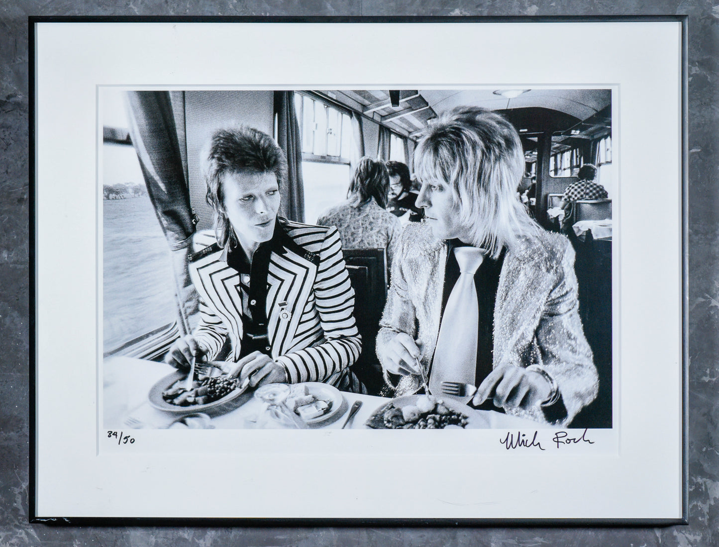 1973 Mick Rock Photo David Bowie & Mick Ronson, Lunch on Train to Aberdeen
