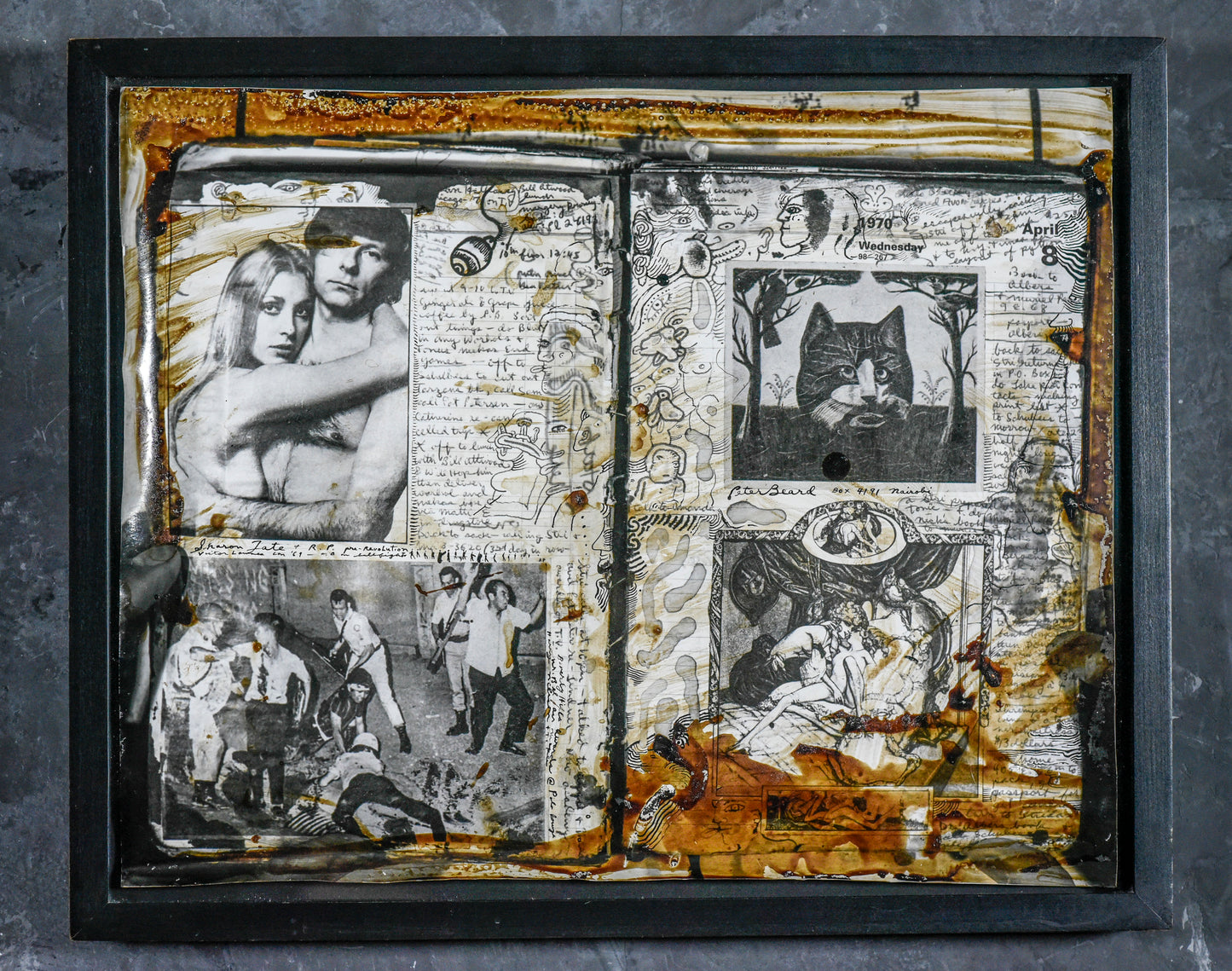 Peter Beard 1970 Photo Two Diary Pages, April 7th & 8th, with Ink & Blood Hand Work