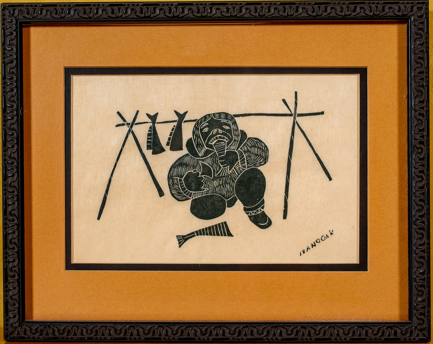 Agnes Nanogak Goose 1970's Intuit Original Stone-cut Block Print "Hunter"